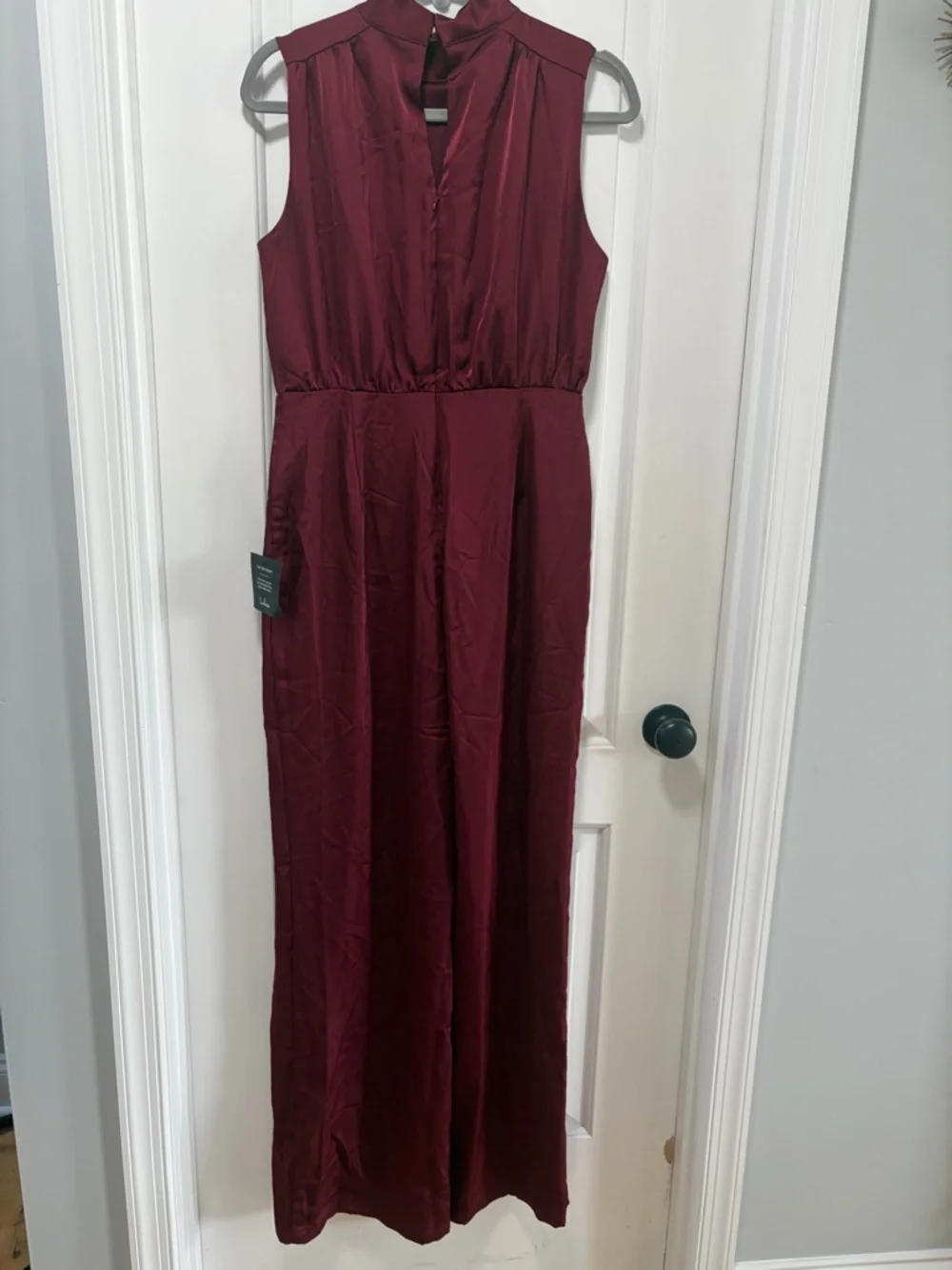 Lulus Classic Elegance NWT Medium Wine Red Satin Sleeveless Mock Neck Jumpsuit - Picture 14 of 15